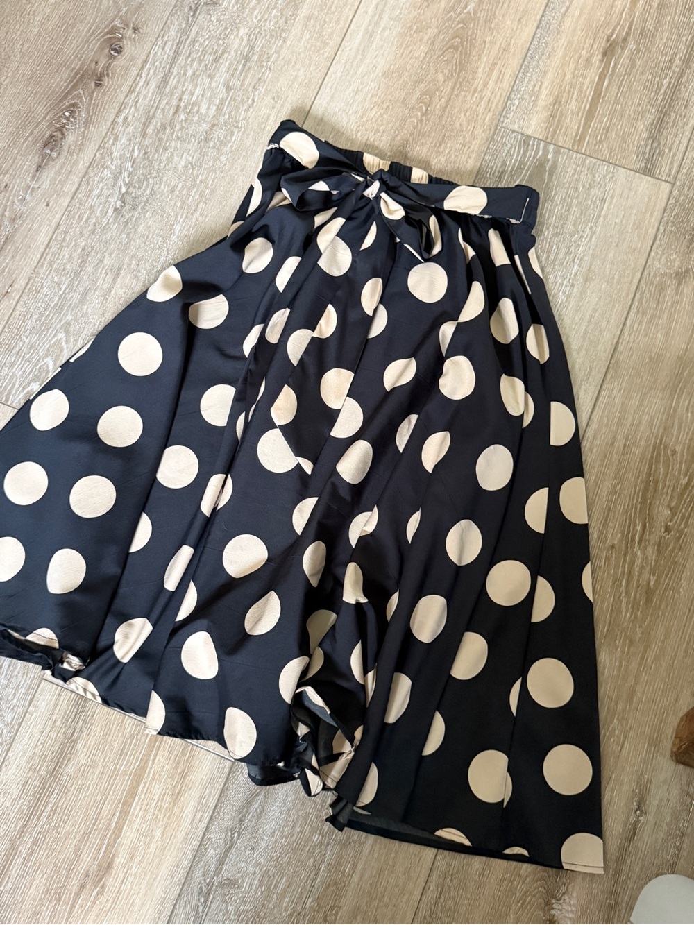 Black & Ivory Polka Dot A-Line Skirt with Waist Tie